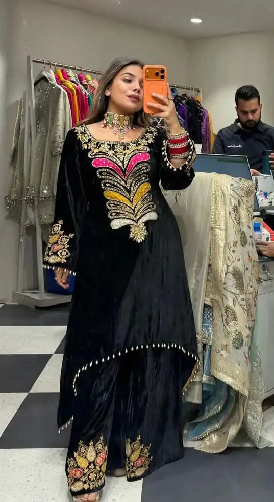 LG 2042 Black Velvet Salwar Suit with Embroidery Work. Wedding, Party, Festive, Events, Festive Deal ₹1999. Delivery 4-6 Working Days. Shop now. | Jump Suits, Straight Suits, Tops & Bottoms, Track Suits, Trendy Wear, Casual Suits, Creative suits, Designer Suits, Palazzo Suits, Party Wear Suits, Patiala Suits, Salwar suit