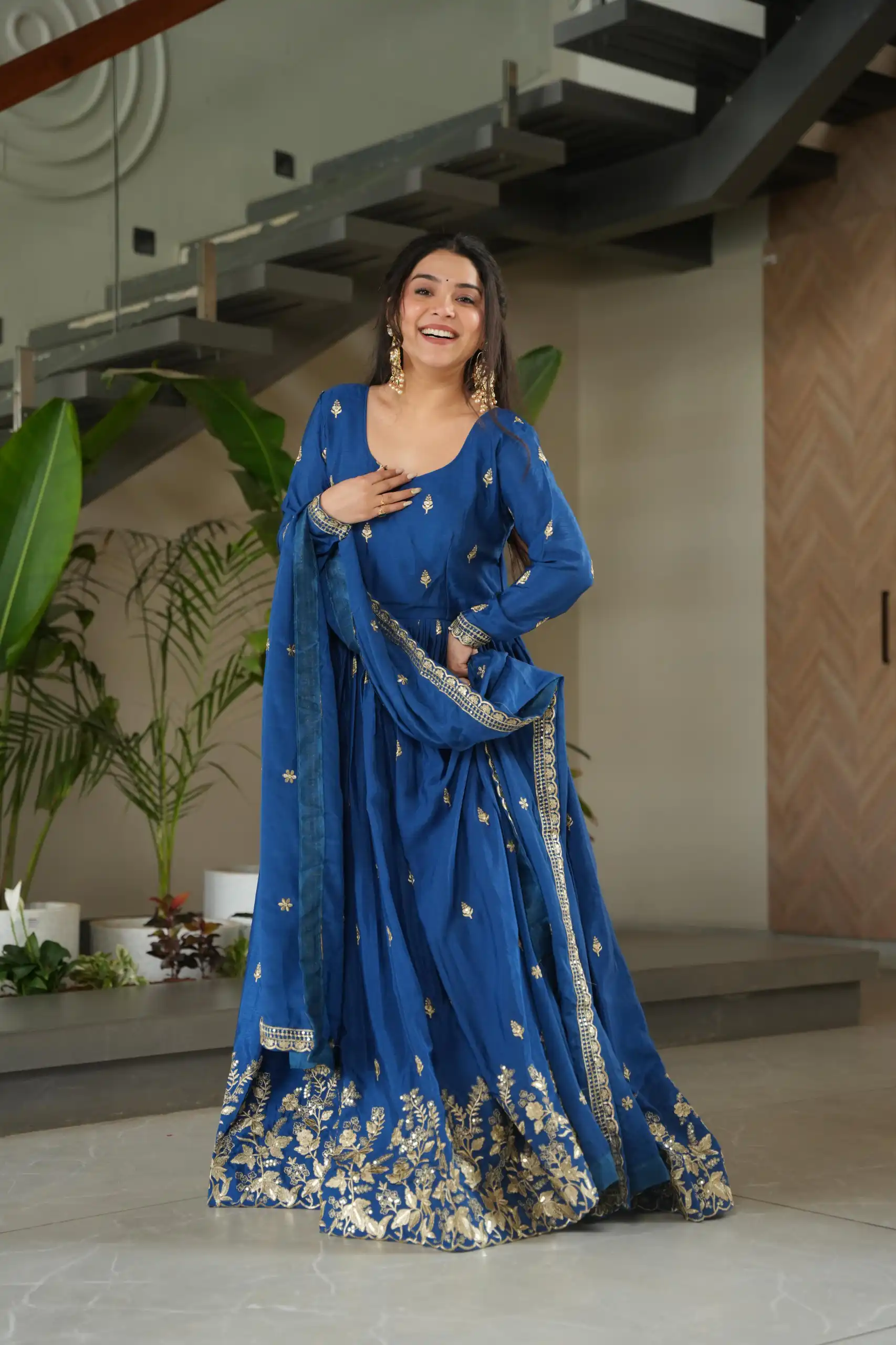KA 1166 Blue Color Chinnon Gown with Zari Work & Embroidery Work. Available at ₹2099 only. Delivery 4-6 Working Days. Shop now. | Bollywood Gowns, Creative Gowns, Designer Gowns, Embroidered Gowns, Gowns, Party Wear Gowns