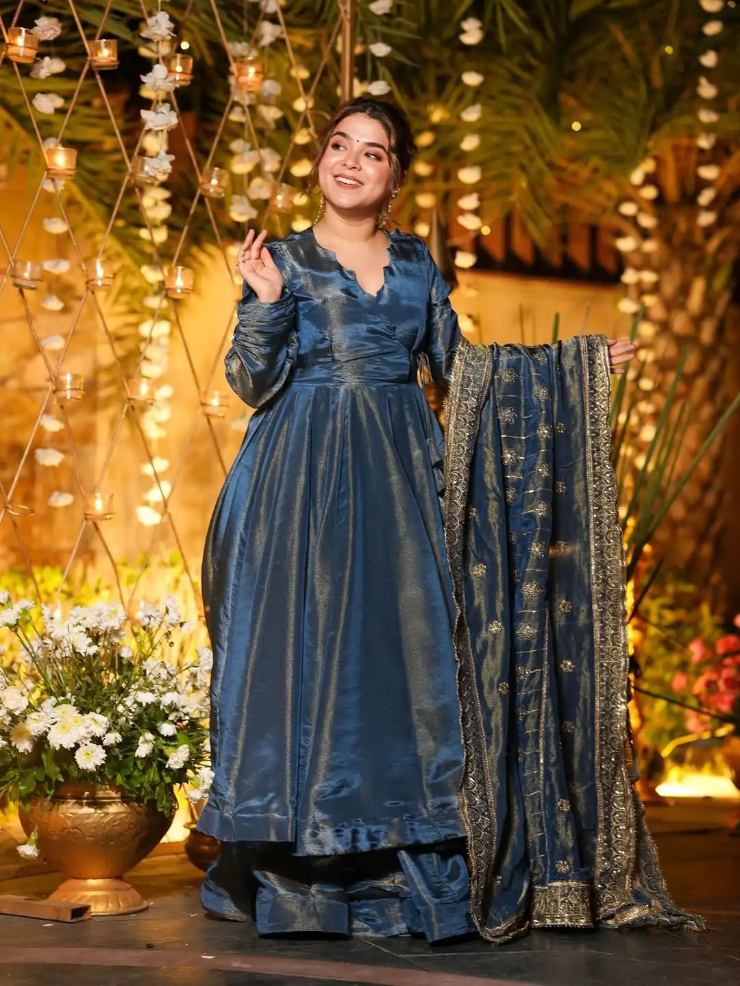 VLM 311 Blue Cosmos Silk Gown. Perfect for Wedding, Party, Baby Shower, Reception, Haldi – Now at just ₹2399. Delivery 4-6 Working Days. Shop now. | Bollywood Gowns, Creative Gowns, Designer Gowns, Embroidered Gowns, Gowns, Party Wear Gowns