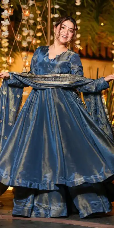 VLM 311 Blue Cosmos Silk Gown. Perfect for Wedding, Party, Baby Shower, Reception, Haldi – Now at just ₹2399. Delivery 4-6 Working Days. Shop now. | Bollywood Gowns, Creative Gowns, Designer Gowns, Embroidered Gowns, Gowns, Party Wear Gowns