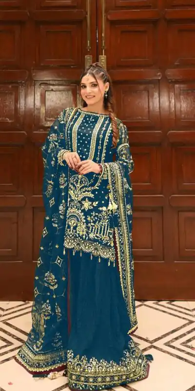 AD 213 Blue Khajuri Crush Georgette Salwar Suit with Lace Work & Embroidery Work. Festive Deal ₹2649. Delivery 4-6 Working Days. Shop now. | Jump Suits, Straight Suits, Tops & Bottoms, Track Suits, Trendy Wear, Casual Suits, Creative suits, Designer Suits, Palazzo Suits, Party Wear Suits, Patiala Suits, Salwar suit