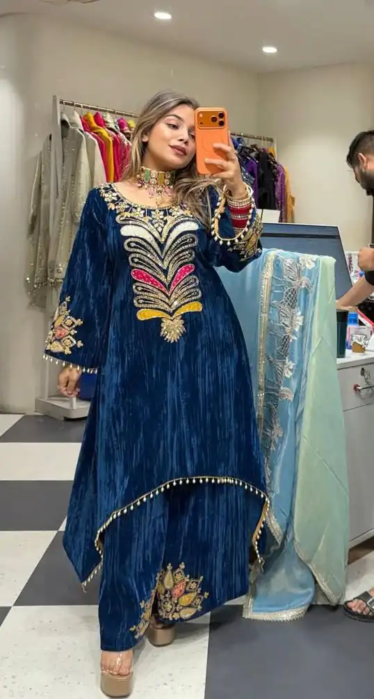 LG 2042 Blue Velvet Salwar Suit with Embroidery Work. Wedding, Party, Festive, Events, Festive Deal ₹1999. Delivery 4-6 Working Days. Shop now. | Jump Suits, Straight Suits, Tops & Bottoms, Track Suits, Trendy Wear, Casual Suits, Creative suits, Designer Suits, Palazzo Suits, Party Wear Suits, Patiala Suits, Salwar suit