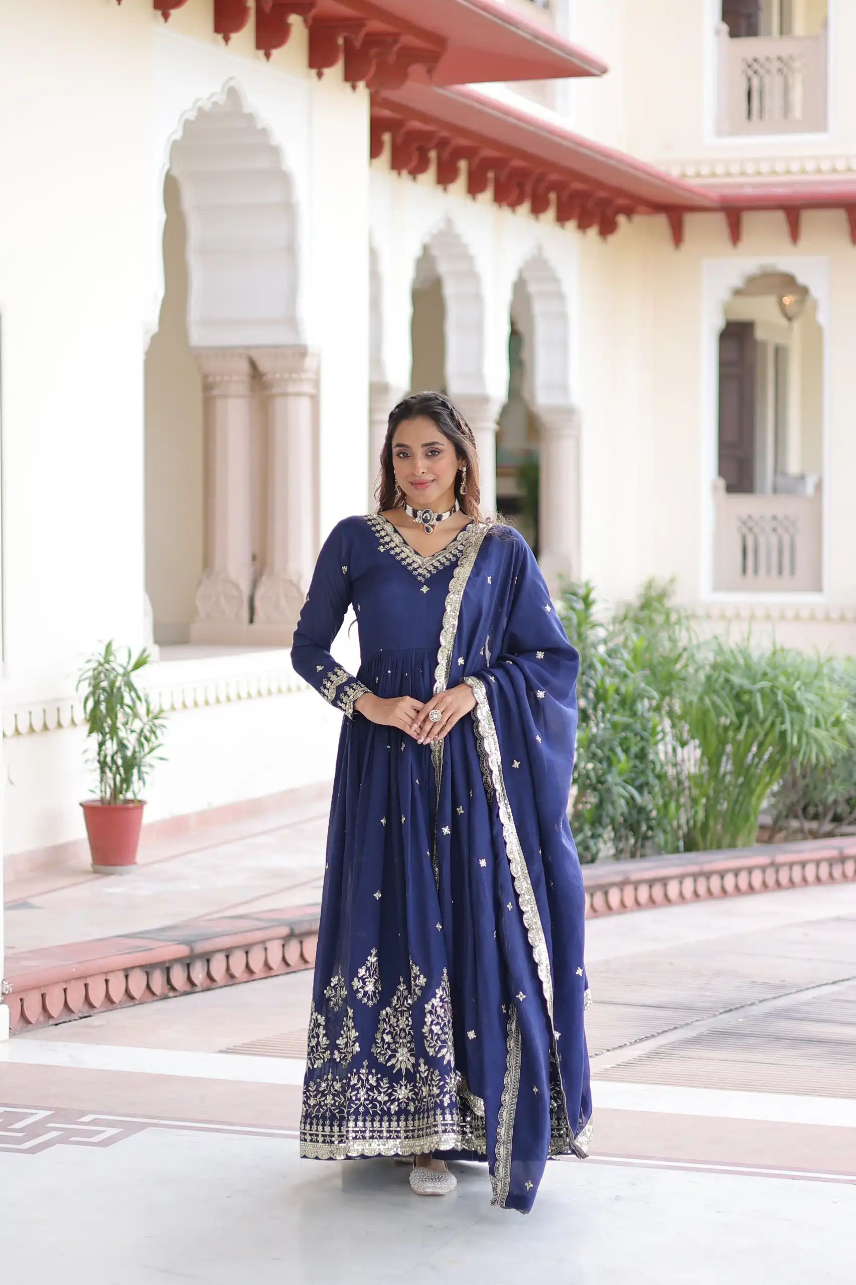 KA 1214 Blue Vichitra Silk Gown Perfect for Wedding, Party, Lohri, Onam, Festival Celebrations – . Grab it for ₹2449. Delivery 4-6 Working Days. | Bollywood Gowns, Creative Gowns, Designer Gowns, Embroidered Gowns, Gowns, Party Wear Gowns