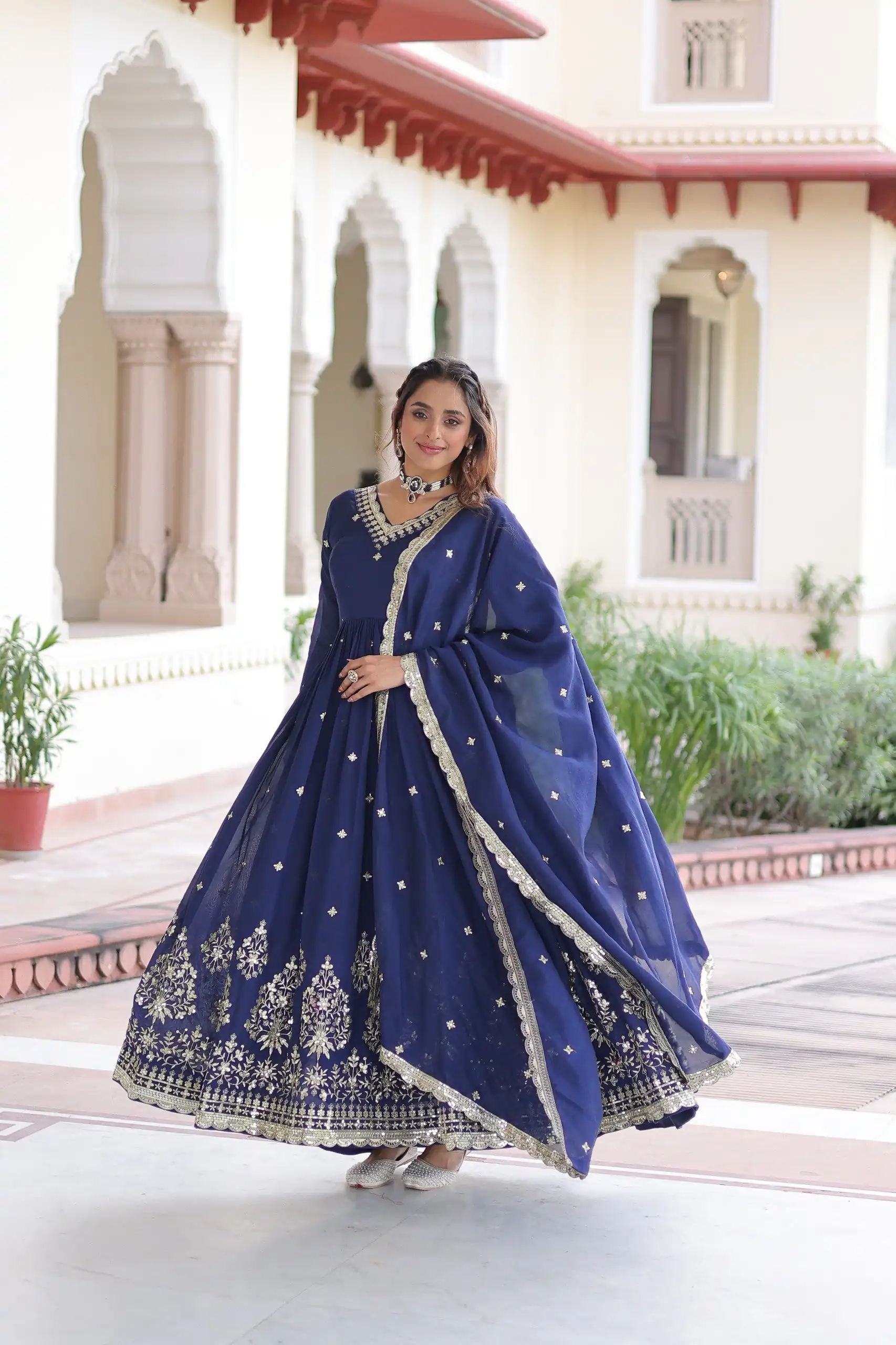 KA 1214 Blue Vichitra Silk Gown Perfect for Wedding, Party, Lohri, Onam, Festival Celebrations – . Grab it for ₹2449. Delivery 4-6 Working Days. | Bollywood Gowns, Creative Gowns, Designer Gowns, Embroidered Gowns, Gowns, Party Wear Gowns