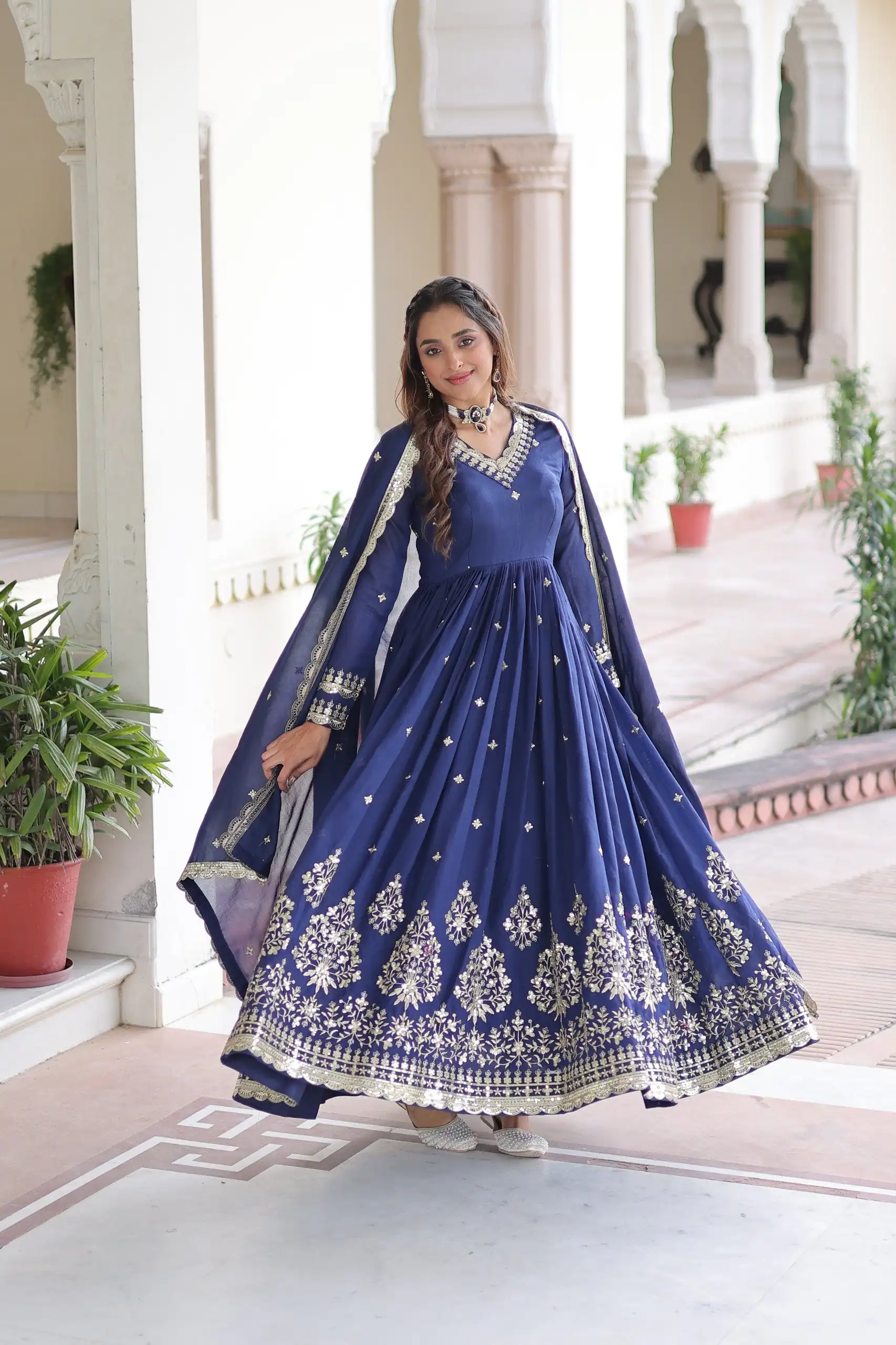 KA 1214 Blue Vichitra Silk Gown Perfect for Wedding, Party, Lohri, Onam, Festival Celebrations – . Grab it for ₹2449. Delivery 4-6 Working Days. | Bollywood Gowns, Creative Gowns, Designer Gowns, Embroidered Gowns, Gowns, Party Wear Gowns