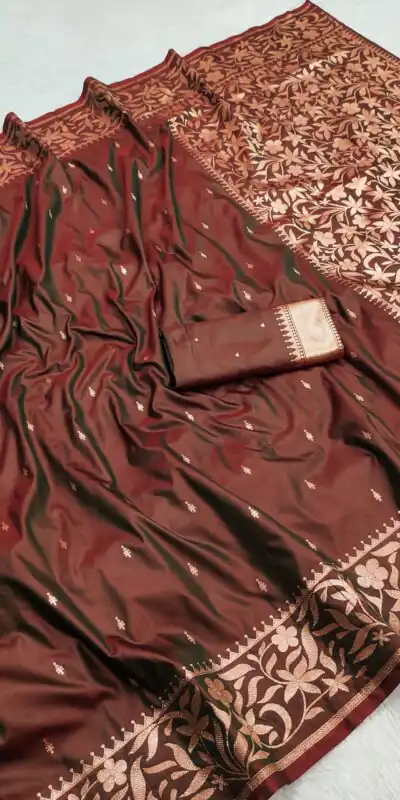 MB 197 Brown Color Banarasi Silk Saree with Zari Work & Lace Work. Exclusive Offer ₹1899. Delivery 4-6 Working Days. Shop now. | Bollywood Sarees, Creative Sarees, Designer Sarees, Embroidered Sarees, Ethnic Saree, Modern Digital sarees, Party Wear Sarees, Sarees