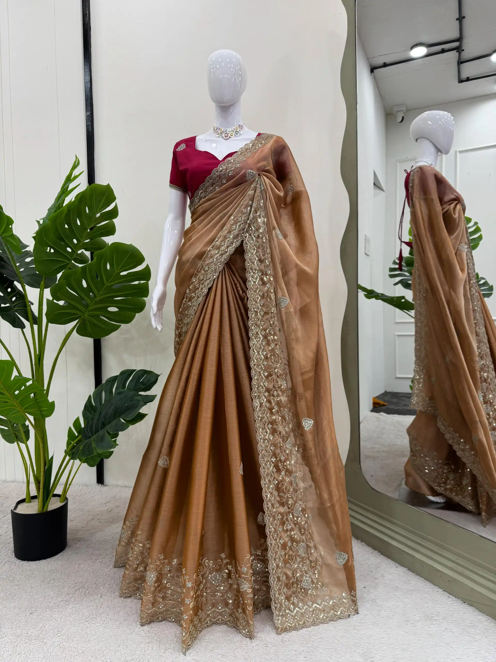 KD 566 Brown Burberry Silk Sequence work Saree with Designer Work. Special Price ₹1949. Delivery 4-6 Working Days. Shop now. | Bollywood Sarees, Creative Sarees, Designer Sarees, Embroidered Sarees, Ethnic Saree, Modern Digital sarees, Party Wear Sarees, Sarees