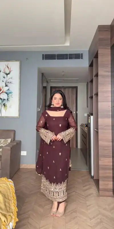 ZSR 3156 Brown Georgette Salwar Suit with Embroidery Work. Wedding, Party, Festive, Events, Grab it for ₹2049. Delivery 4-6 Working Days. Shop now. | Jump Suits, Tops & Bottoms, Track Suits, Trendy Wear, Casual Suits, Creative suits, Designer Suits, Palazzo Suits, Party Wear Suits, Patiala Suits, Salwar suit, Straight Suits