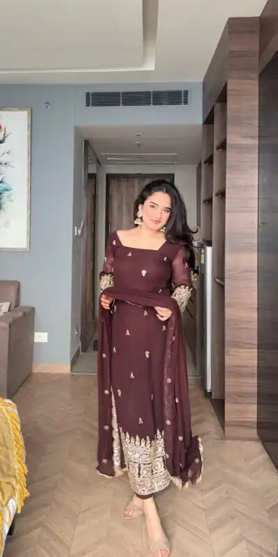 ZSR 3156 Brown Georgette Salwar Suit with Embroidery Work. Wedding, Party, Festive, Events, Grab it for ₹2049. Delivery 4-6 Working Days. Shop now. | Jump Suits, Tops & Bottoms, Track Suits, Trendy Wear, Casual Suits, Creative suits, Designer Suits, Palazzo Suits, Party Wear Suits, Patiala Suits, Salwar suit, Straight Suits