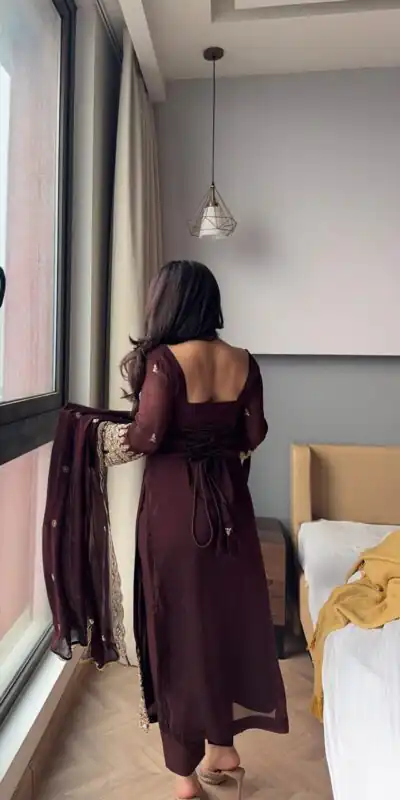 ZSR 3156 Brown Georgette Salwar Suit with Embroidery Work. Wedding, Party, Festive, Events, Grab it for ₹2049. Delivery 4-6 Working Days. Shop now. | Jump Suits, Tops & Bottoms, Track Suits, Trendy Wear, Casual Suits, Creative suits, Designer Suits, Palazzo Suits, Party Wear Suits, Patiala Suits, Salwar suit, Straight Suits