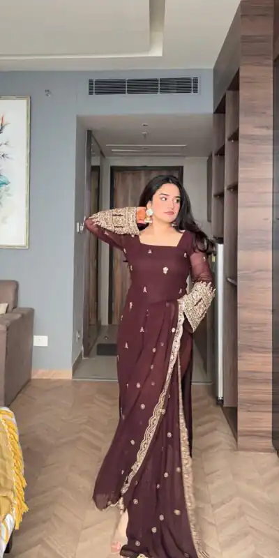 ZSR 3156 Brown Georgette Salwar Suit with Embroidery Work. Wedding, Party, Festive, Events, Grab it for ₹2049. Delivery 4-6 Working Days. Shop now. | Jump Suits, Tops & Bottoms, Track Suits, Trendy Wear, Casual Suits, Creative suits, Designer Suits, Palazzo Suits, Party Wear Suits, Patiala Suits, Salwar suit, Straight Suits