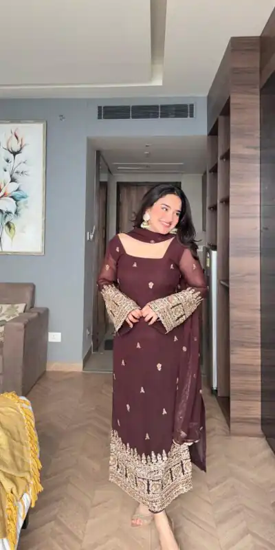 ZSR 3156 Brown Georgette Salwar Suit with Embroidery Work. Wedding, Party, Festive, Events, Grab it for ₹2049. Delivery 4-6 Working Days. Shop now. | Jump Suits, Tops & Bottoms, Track Suits, Trendy Wear, Casual Suits, Creative suits, Designer Suits, Palazzo Suits, Party Wear Suits, Patiala Suits, Salwar suit, Straight Suits