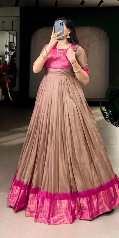 YNF 5012 Brown Mass Mello Gown with Zari Work. Available at ₹1799 only. Wedding, Party, Festive, Events Delivery 4-6 Working Days. Shop now. | Bollywood Gowns, Creative Gowns, Designer Gowns, Embroidered Gowns, Gowns, Party Wear Gowns