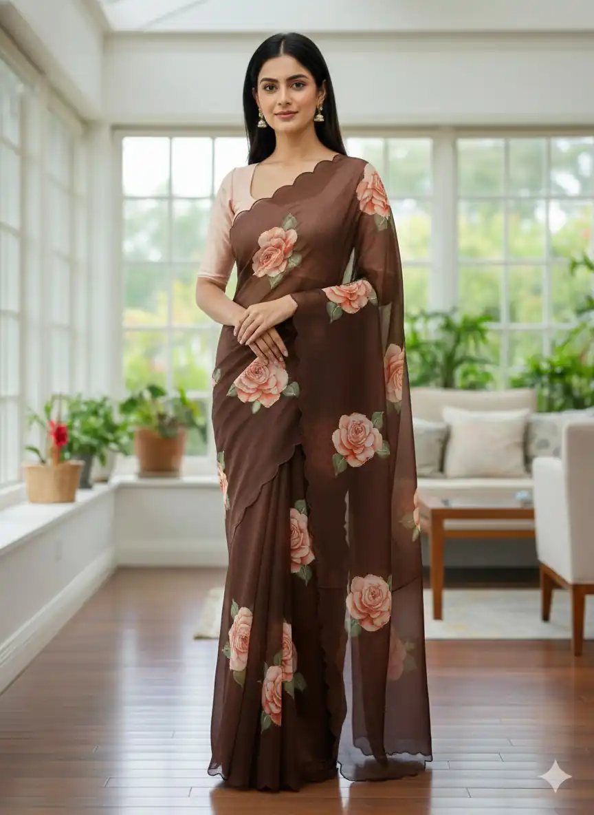 BT 412 Brown TB Organza Saree with Digital Print. Wedding, Party, Festive, Events, Navratri Garba, Special Price ₹1649. Delivery 4-6 Working Days. Shop now. | Bollywood Sarees, Creative Sarees, Designer Sarees, Embroidered Sarees, Ethnic Saree, Modern Digital sarees, Party Wear Sarees, Sarees