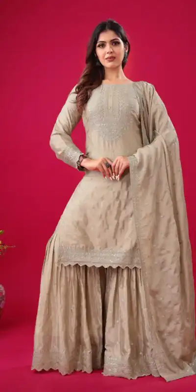 ZF 5006 Cream Color Chinon Silk Sequence Work Salwar Suit Casual, Wedding, Festive, Events . Expected Delivery  4-6 Working Days @2149/- only      | Designer Suits, Jump Suits, Casual Suits, Creative suits, Palazzo Suits, Party Wear Suits, Patiala Suits, Salwar suit, Straight Suits