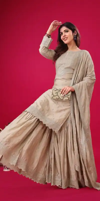 ZF 5006 Cream Color Chinon Silk Sequence Work Salwar Suit Casual, Wedding, Festive, Events . Expected Delivery  4-6 Working Days @2149/- only      | Designer Suits, Jump Suits, Casual Suits, Creative suits, Palazzo Suits, Party Wear Suits, Patiala Suits, Salwar suit, Straight Suits