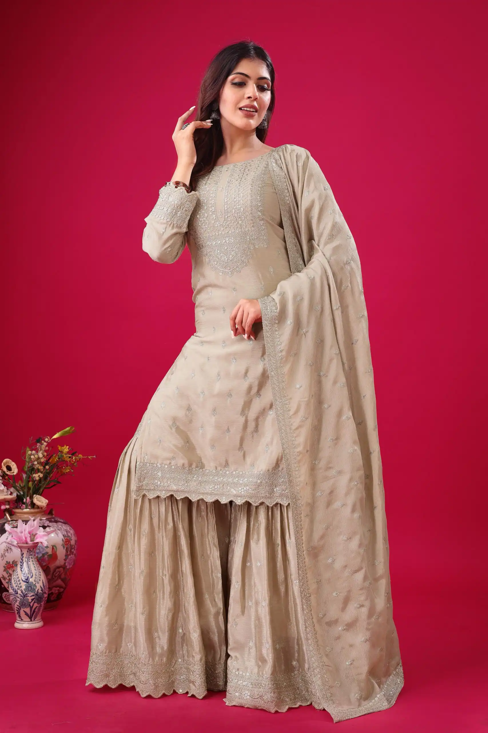 ZF 5006 Cream Color Chinon Silk Sequence Work Salwar Suit Casual, Wedding, Festive, Events . Expected Delivery  4-6 Working Days @2149/- only      | Designer Suits, Jump Suits, Casual Suits, Creative suits, Palazzo Suits, Party Wear Suits, Patiala Suits, Salwar suit, Straight Suits