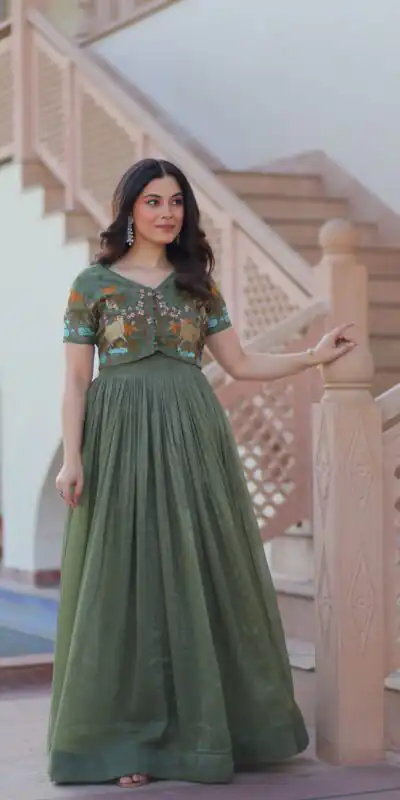 KA 1170 Dark Pista Color Silver Crunchy Gown with Embroidery Work. Introductory Price ₹1799. Delivery 4-6 Working Days. Shop now. | Bollywood Gowns, Creative Gowns, Designer Gowns, Embroidered Gowns, Gowns, Party Wear Gowns