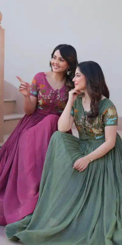 KA 1170 Dark Pista Color Silver Crunchy Gown with Embroidery Work. Introductory Price ₹1799. Delivery 4-6 Working Days. Shop now. | Bollywood Gowns, Creative Gowns, Designer Gowns, Embroidered Gowns, Gowns, Party Wear Gowns