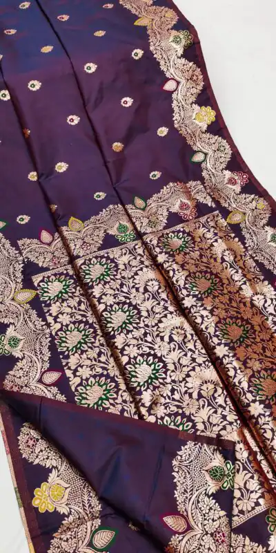 MB 3319 Dark Purple Color Banarasi Lace Work Gold Zari Border Saree . Available at ₹1849 only. Delivery 4-6 Working Days. Shop now. | Bollywood Sarees, Creative Sarees, Designer Sarees, Embroidered Sarees, Ethnic Saree, Modern Digital sarees, Party Wear Sarees, Sarees