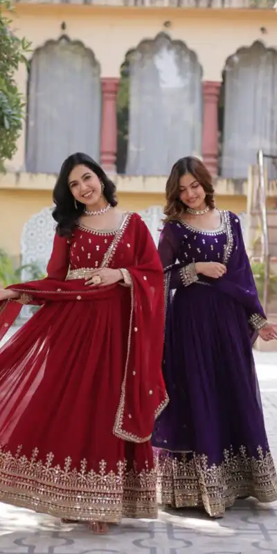 KA 1144 Dark Purple Faux Blooming Gown with Embroidery Work & Zari Work. Exclusive Offer ₹2449. Delivery 4-6 Working Days. Shop now. | Bollywood Gowns, Creative Gowns, Designer Gowns, Embroidered Gowns, Gowns, Party Wear Gowns