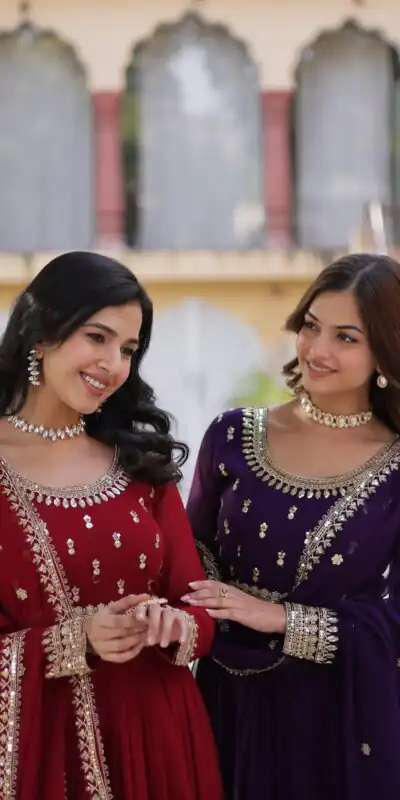 KA 1144 Dark Purple Faux Blooming Gown with Embroidery Work & Zari Work. Exclusive Offer ₹2449. Delivery 4-6 Working Days. Shop now. | Bollywood Gowns, Creative Gowns, Designer Gowns, Embroidered Gowns, Gowns, Party Wear Gowns