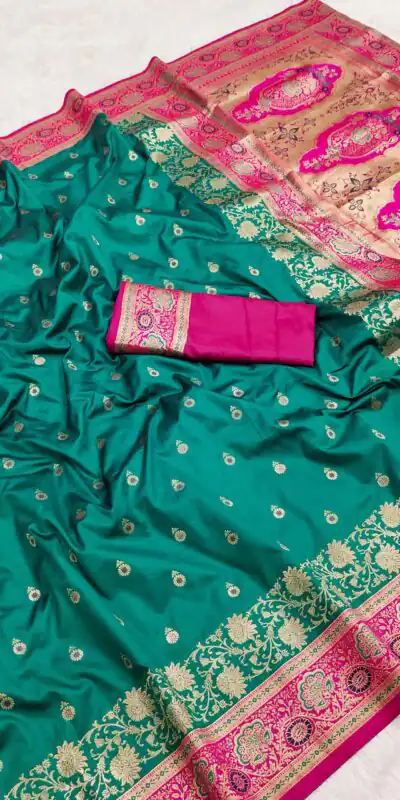 MB 3315 Firozi Color Banarasi Silk Gold Zari Border Saree . Wedding, Party, Festive, Available at ₹2049 only. Delivery 4-6 Working Days. Shop now. | Bollywood Sarees, Creative Sarees, Designer Sarees, Embroidered Sarees, Ethnic Saree, Modern Digital sarees, Party Wear Sarees, Sarees