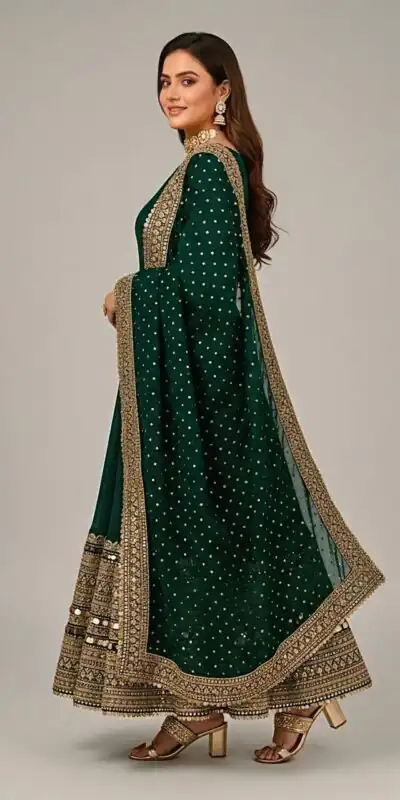 ZSR 3152 Green Color Roman silk Gown with Embroidery Work & Lace Work. Grab it for ₹2599. Delivery 4-6 Working Days. Shop now. | Bollywood Gowns, Creative Gowns, Designer Gowns, Embroidered Gowns, Gowns, Party Wear Gowns