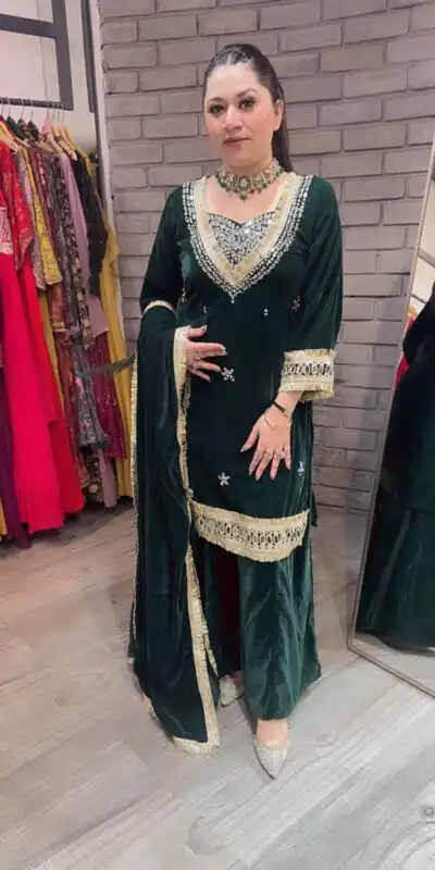 LG 2044 Green in Velvet Mirror Work & Embroidery Work Salwar Suit . Best Price ₹2599. Delivery 4-6 Working Days. Shop now. | Jump Suits, Straight Suits, Tops & Bottoms, Track Suits, Trendy Wear, Casual Suits, Creative suits, Designer Suits, Palazzo Suits, Party Wear Suits, Patiala Suits, Salwar suit