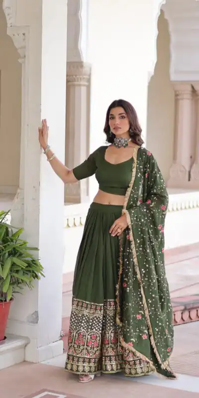 KA 5051 Green in Vichitra Silk Embroidery Work & Sequins Work Lehenga Choli . Now at just ₹2499. Delivery 4-6 Working Days. Shop now. | Bollywood Lehenga, Creative Lehenga, Designer Lehenga, Embroidered Lehenga, Lehenga, Party Wear Lehenga