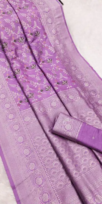 MB 113 Lavender Khaddi Pashmina Saree with Lace Work & Zari Work. Introductory Price ₹1949. Delivery 4-6 Working Days. Shop now. | Bollywood Sarees, Creative Sarees, Designer Sarees, Embroidered Sarees, Ethnic Saree, Modern Digital sarees, Party Wear Sarees, Sarees
