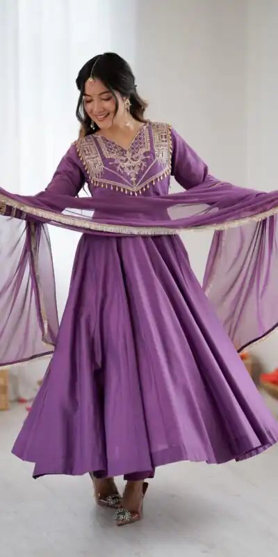 ZSR 3149 Lavender Roman silk Gown Perfect for Wedding, Party, Sangeet, Haldi, Lohri – . Introductory Price ₹2099. Delivery 4-6 Working Days. Shop now. | Bollywood Gowns, Creative Gowns, Designer Gowns, Embroidered Gowns, Gowns, Party Wear Gowns
