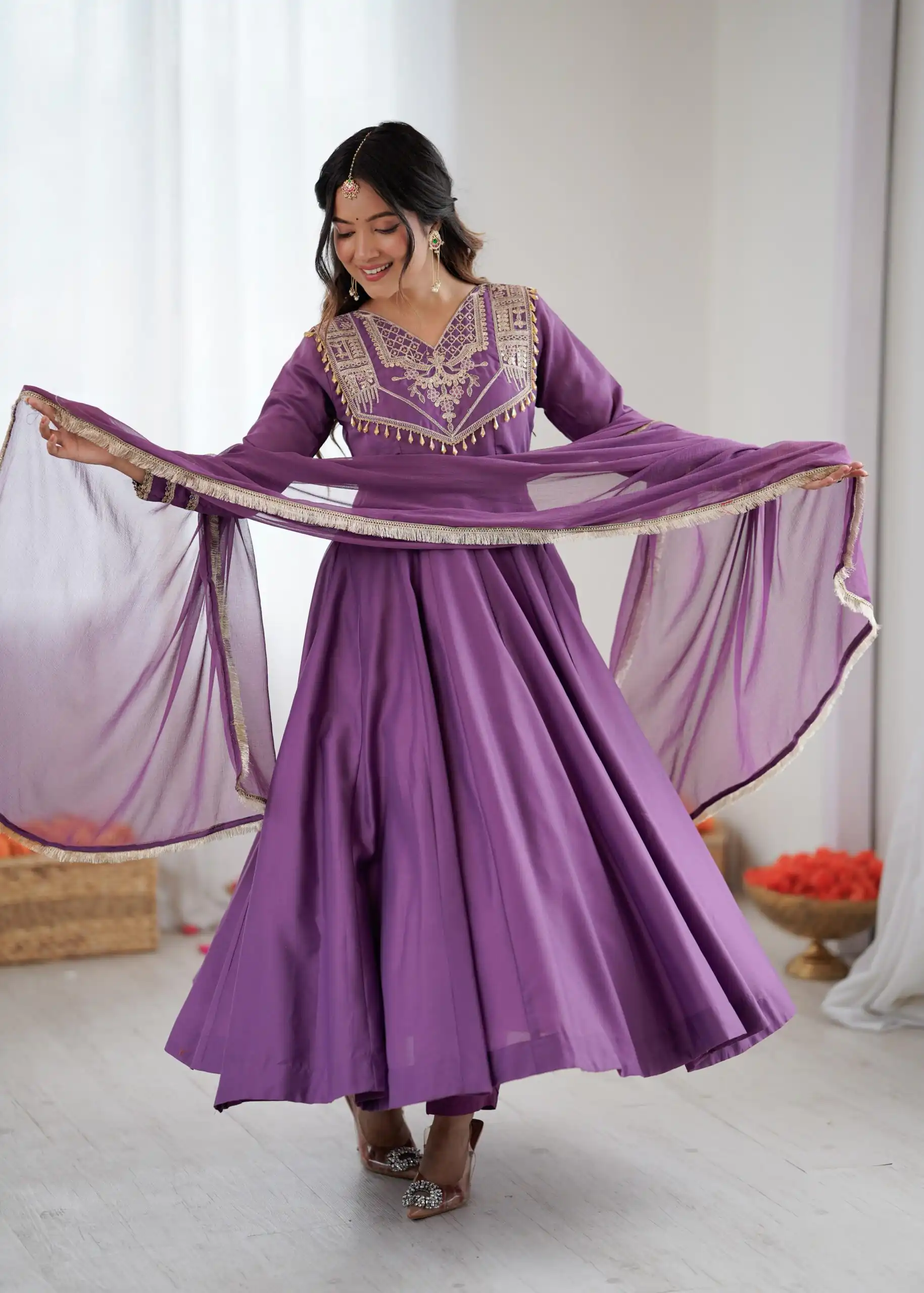 ZSR 3149 Lavender Roman silk Gown Perfect for Wedding, Party, Sangeet, Haldi, Lohri – . Introductory Price ₹2099. Delivery 4-6 Working Days. Shop now. | Bollywood Gowns, Creative Gowns, Designer Gowns, Embroidered Gowns, Gowns, Party Wear Gowns