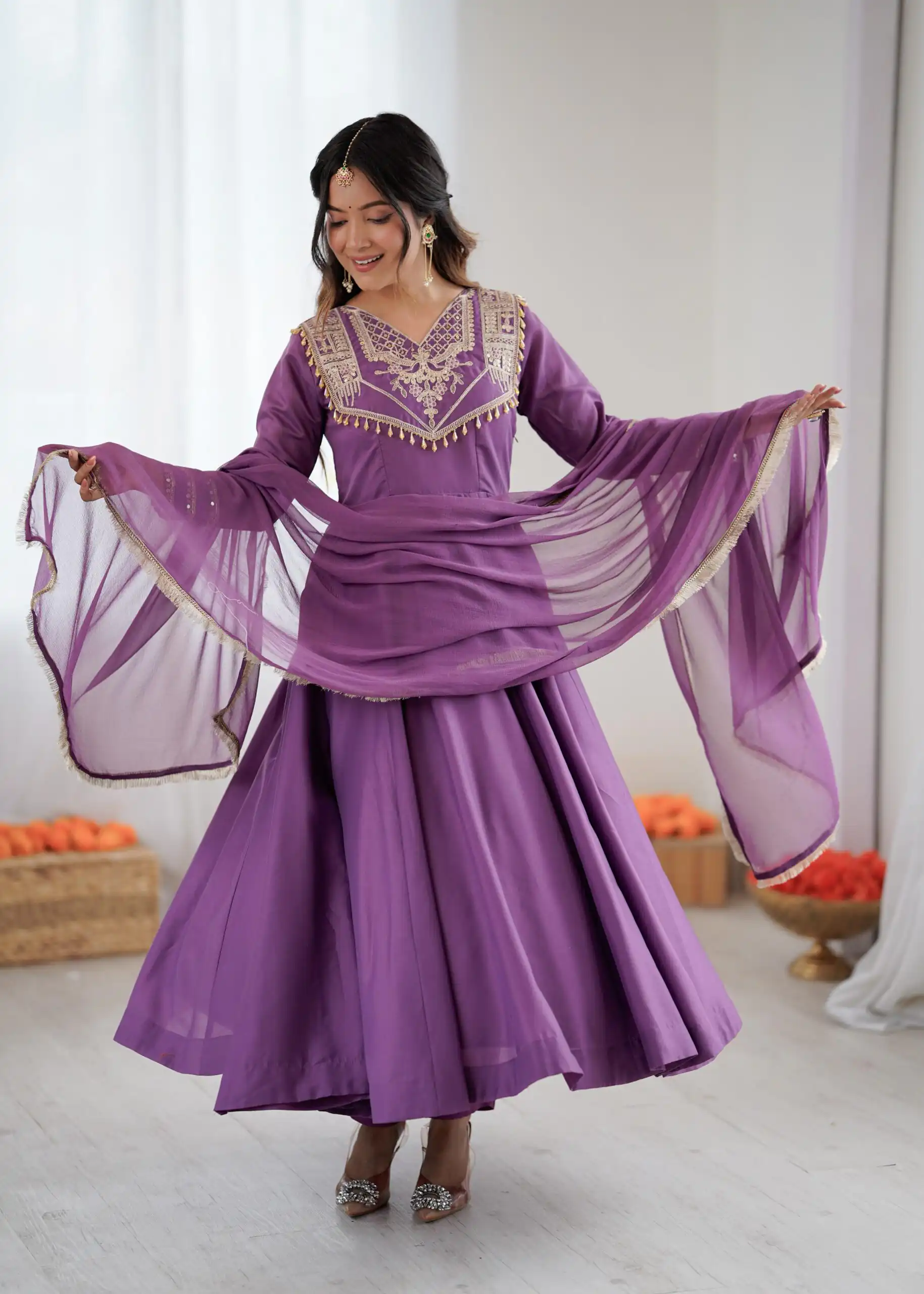 ZSR 3149 Lavender Roman silk Gown Perfect for Wedding, Party, Sangeet, Haldi, Lohri – . Introductory Price ₹2099. Delivery 4-6 Working Days. Shop now. | Bollywood Gowns, Creative Gowns, Designer Gowns, Embroidered Gowns, Gowns, Party Wear Gowns