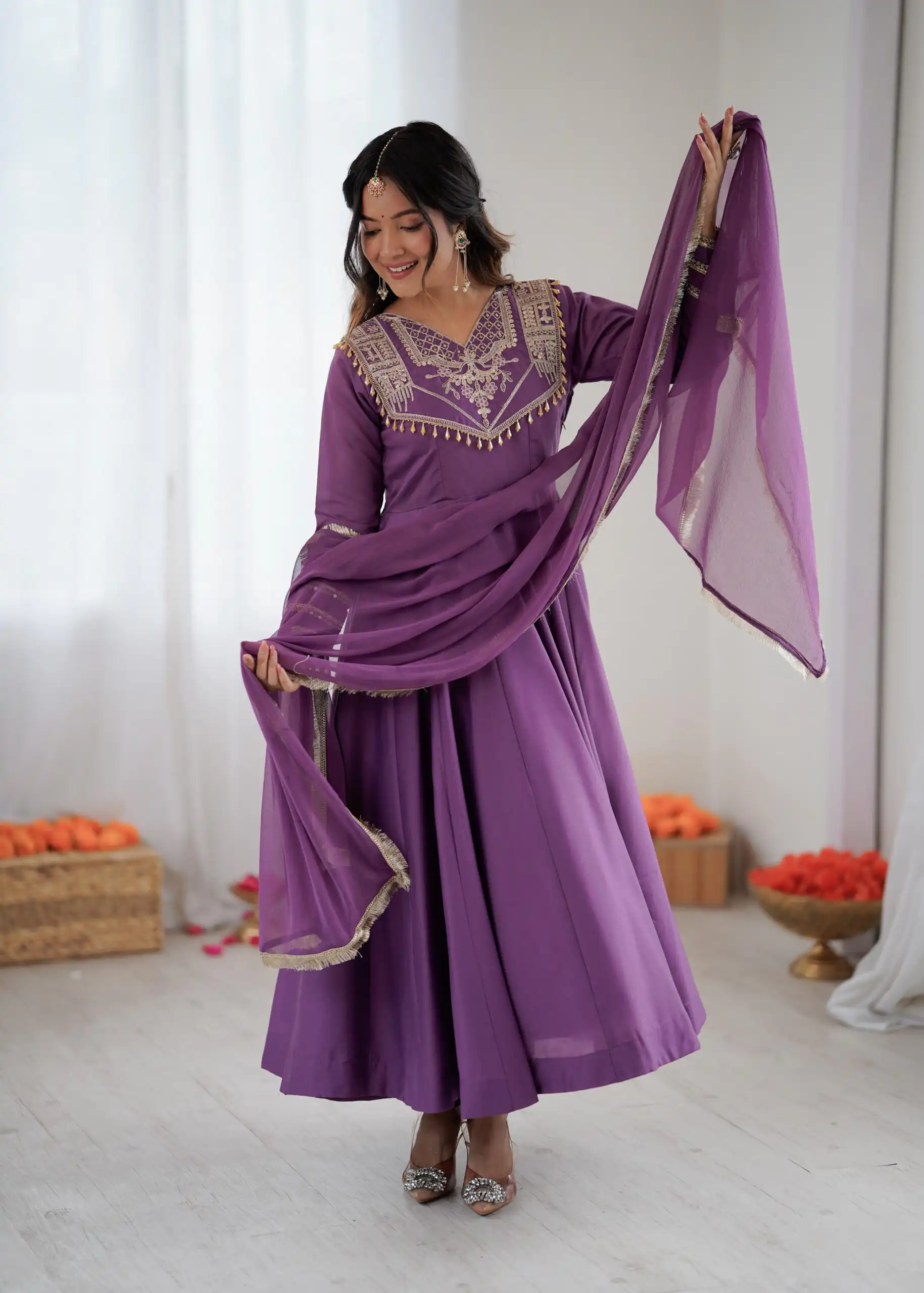 ZSR 3149 Lavender Roman silk Gown Perfect for Wedding, Party, Sangeet, Haldi, Lohri – . Introductory Price ₹2099. Delivery 4-6 Working Days. Shop now. | Bollywood Gowns, Creative Gowns, Designer Gowns, Embroidered Gowns, Gowns, Party Wear Gowns