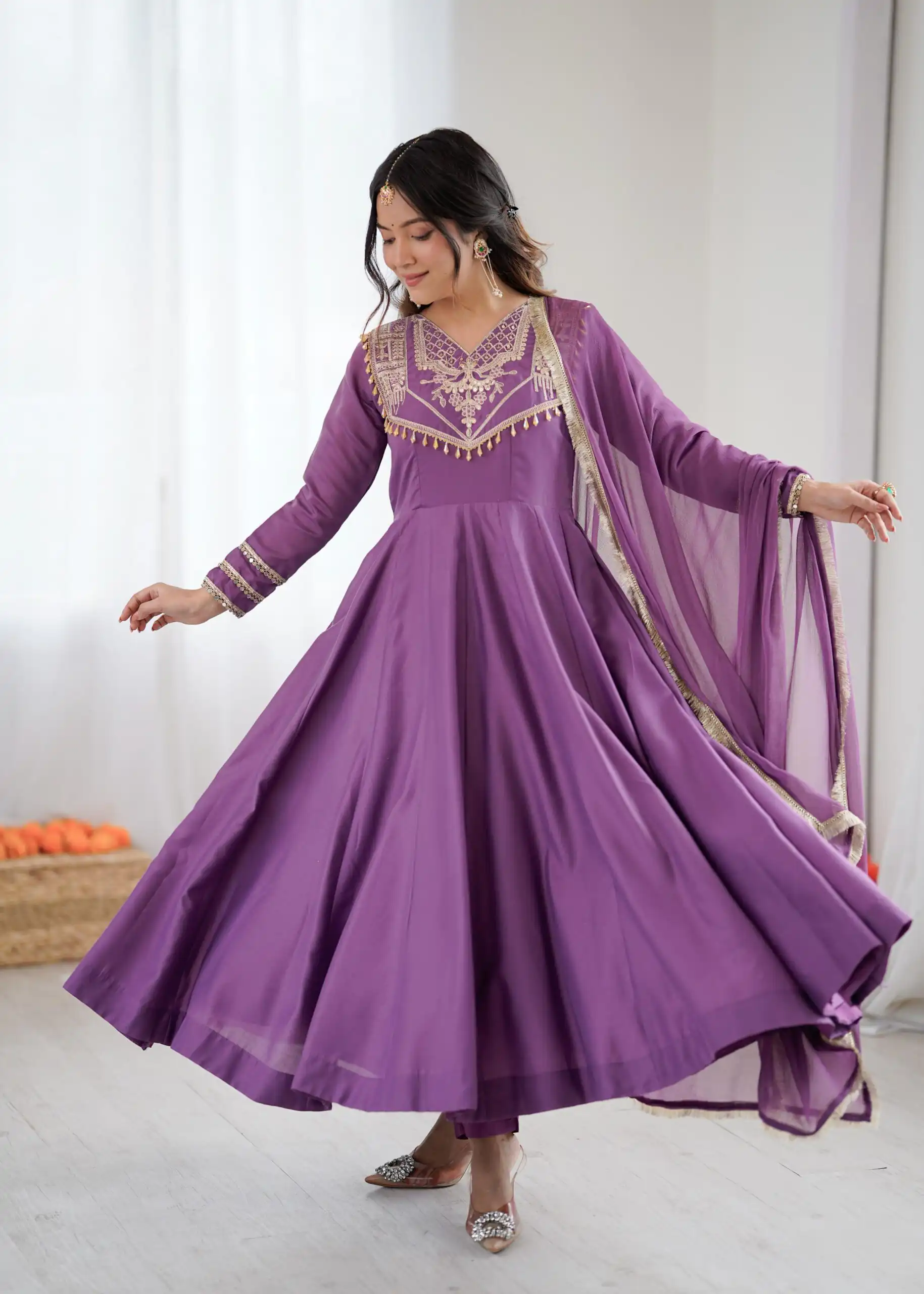 ZSR 3149 Lavender Roman silk Gown Perfect for Wedding, Party, Sangeet, Haldi, Lohri – . Introductory Price ₹2099. Delivery 4-6 Working Days. Shop now. | Bollywood Gowns, Creative Gowns, Designer Gowns, Embroidered Gowns, Gowns, Party Wear Gowns