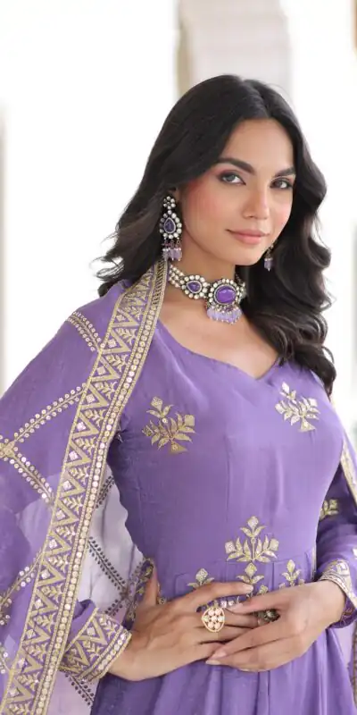 KA 1212 Lavender in Silver Crunchy Sequins Work & Embroidery Work Gown . Now at just ₹3199. Delivery 4-6 Working Days. Shop now. | Bollywood Gowns, Creative Gowns, Designer Gowns, Embroidered Gowns, Gowns, Party Wear Gowns