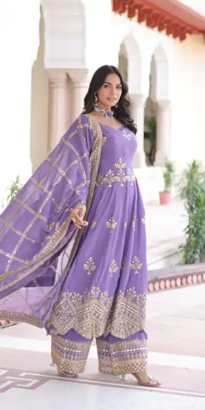 KA 1212 Lavender in Silver Crunchy Sequins Work & Embroidery Work Gown . Now at just ₹3199. Delivery 4-6 Working Days. Shop now. | Bollywood Gowns, Creative Gowns, Designer Gowns, Embroidered Gowns, Gowns, Party Wear Gowns