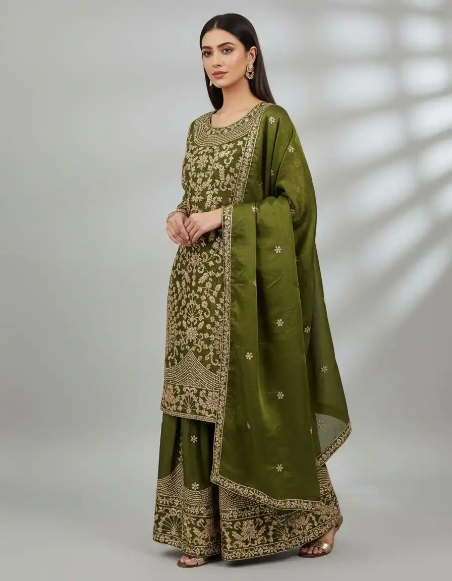 SR 1697 Mahendi Color Organza Silk Salwar Suit with Embroidery Work. Festive Deal ₹2549. Delivery 4-6 Working Days. Shop now. | Jump Suits, Straight Suits, Tops & Bottoms, Track Suits, Trendy Wear, Casual Suits, Creative suits, Designer Suits, Palazzo Suits, Party Wear Suits, Patiala Suits, Salwar suit