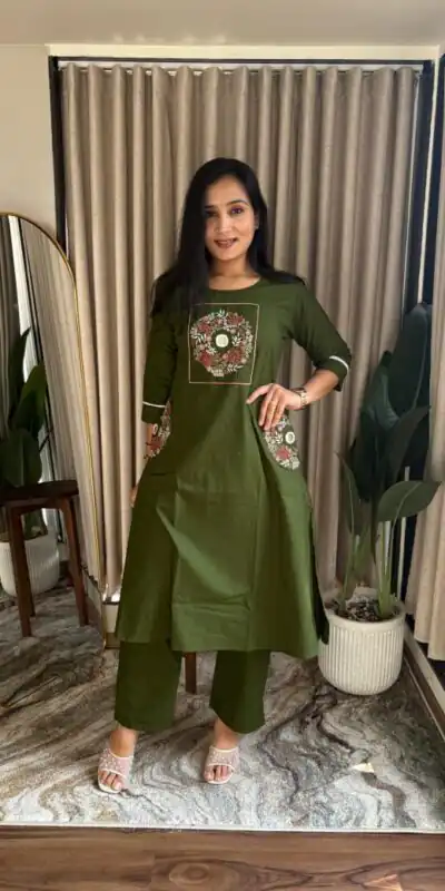 MF 1114 Mahendi Soft Cotton Slub Kurti with Embroidery Work. Wedding, Party, Festive, Events, Grab it for ₹1549. Delivery 4-6 Working Days. Shop now. | Bollywood Kurti, Creative Kurtis, Designer Kurti, Kurti, Party Wear Kurti, Selfie Kurti