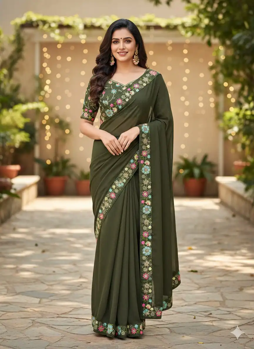 JR 658 Mahendi in Color Star Georgette ace Work & Embroidery Work Saree . Now at just ₹1699. Delivery 4-6 Working Days. Shop now. | Bollywood Sarees, Creative Sarees, Designer Sarees, Embroidered Sarees, Ethnic Saree, Modern Digital sarees, Party Wear Sarees, Sarees