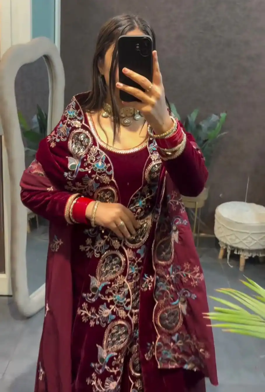 ST 1148 Maroon 9000 Velvet Salwar Suit with Embroidery Work & Lace Work. Get it for ₹2449. Delivery 4-6 Working Days. Shop now. | Jump Suits, Straight Suits, Tops & Bottoms, Track Suits, Trendy Wear, Casual Suits, Creative suits, Designer Suits, Palazzo Suits, Party Wear Suits, Patiala Suits, Salwar suit
