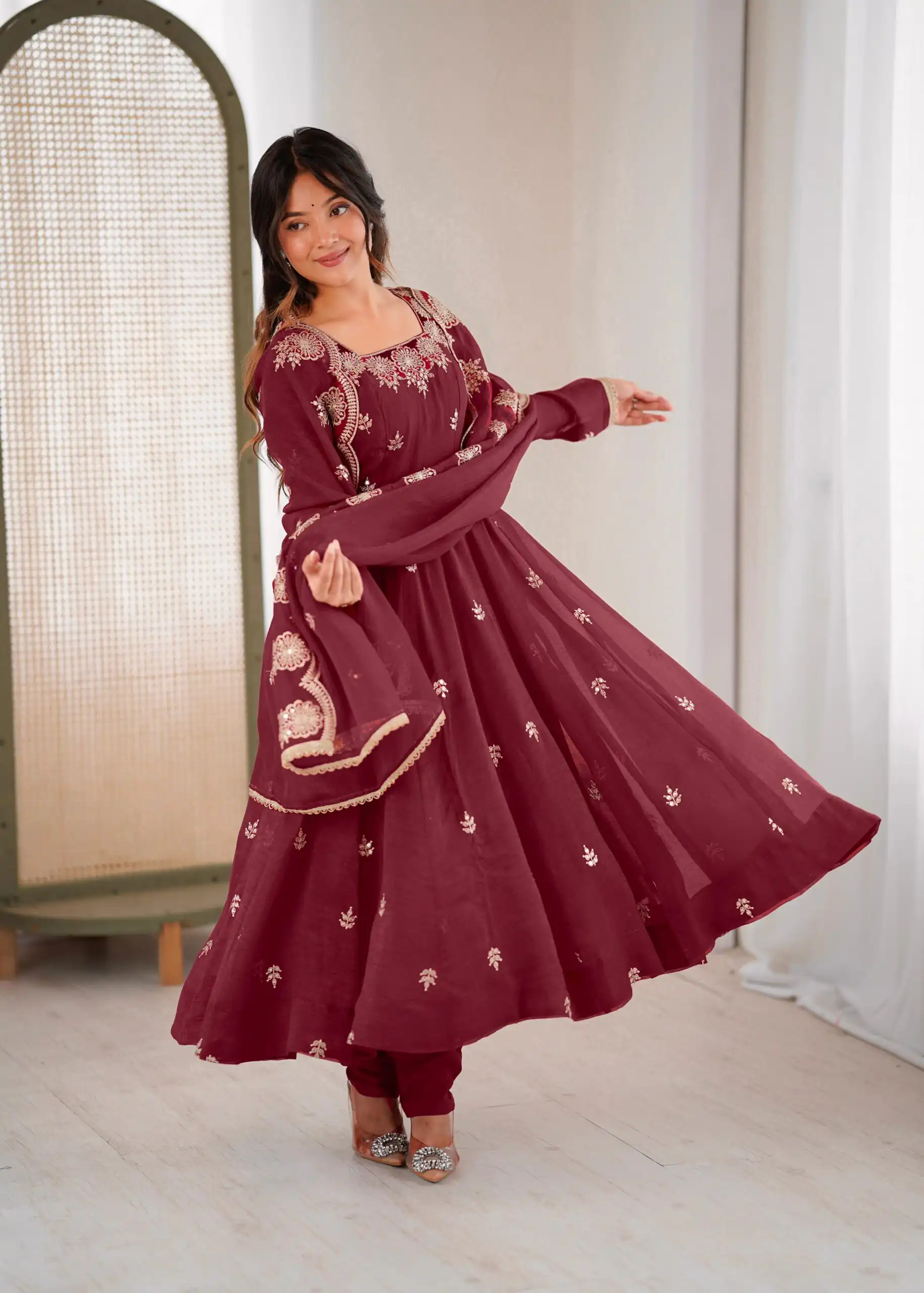 ZF 5011 Maroon Crunchy Silk Gown with Embroidery Work. Wedding, Party, Festive, Events Best Price ₹2099. Delivery 4-6 Working Days. Shop now. | Bollywood Gowns, Creative Gowns, Designer Gowns, Embroidered Gowns, Gowns, Party Wear Gowns