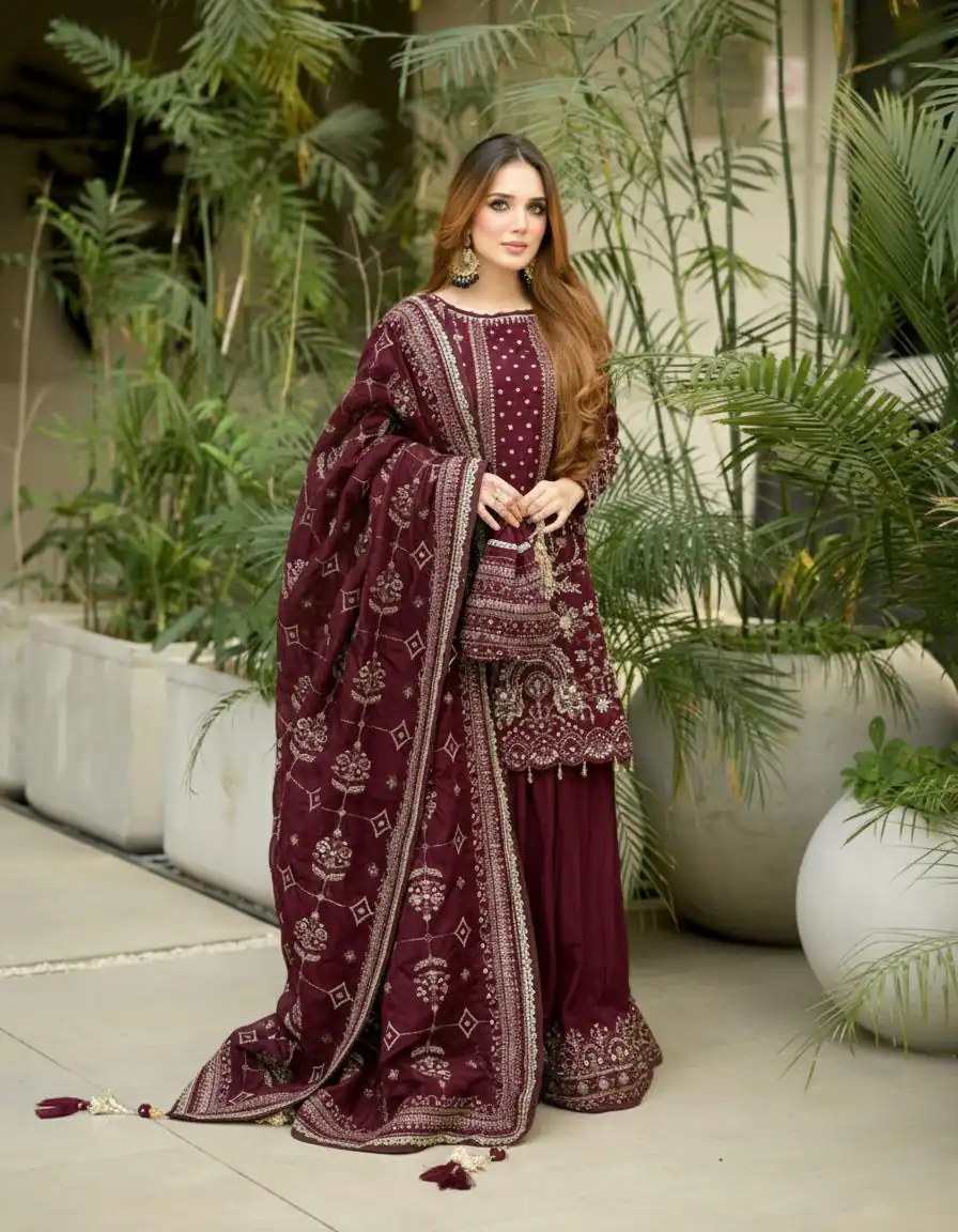AD 213 Maroon Khajuri Crush Georgette Salwar Suit with Lace Work & Embroidery Work. Festive Deal ₹2649. Delivery 4-6 Working Days. Shop now. | Jump Suits, Straight Suits, Tops & Bottoms, Track Suits, Trendy Wear, Casual Suits, Creative suits, Designer Suits, Palazzo Suits, Party Wear Suits, Patiala Suits, Salwar suit