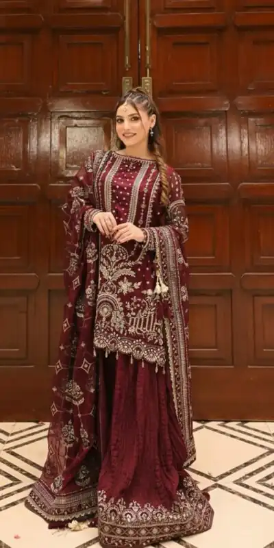 AD 213 Maroon Khajuri Crush Georgette Salwar Suit with Lace Work & Embroidery Work. Festive Deal ₹2649. Delivery 4-6 Working Days. Shop now. | Jump Suits, Straight Suits, Tops & Bottoms, Track Suits, Trendy Wear, Casual Suits, Creative suits, Designer Suits, Palazzo Suits, Party Wear Suits, Patiala Suits, Salwar suit