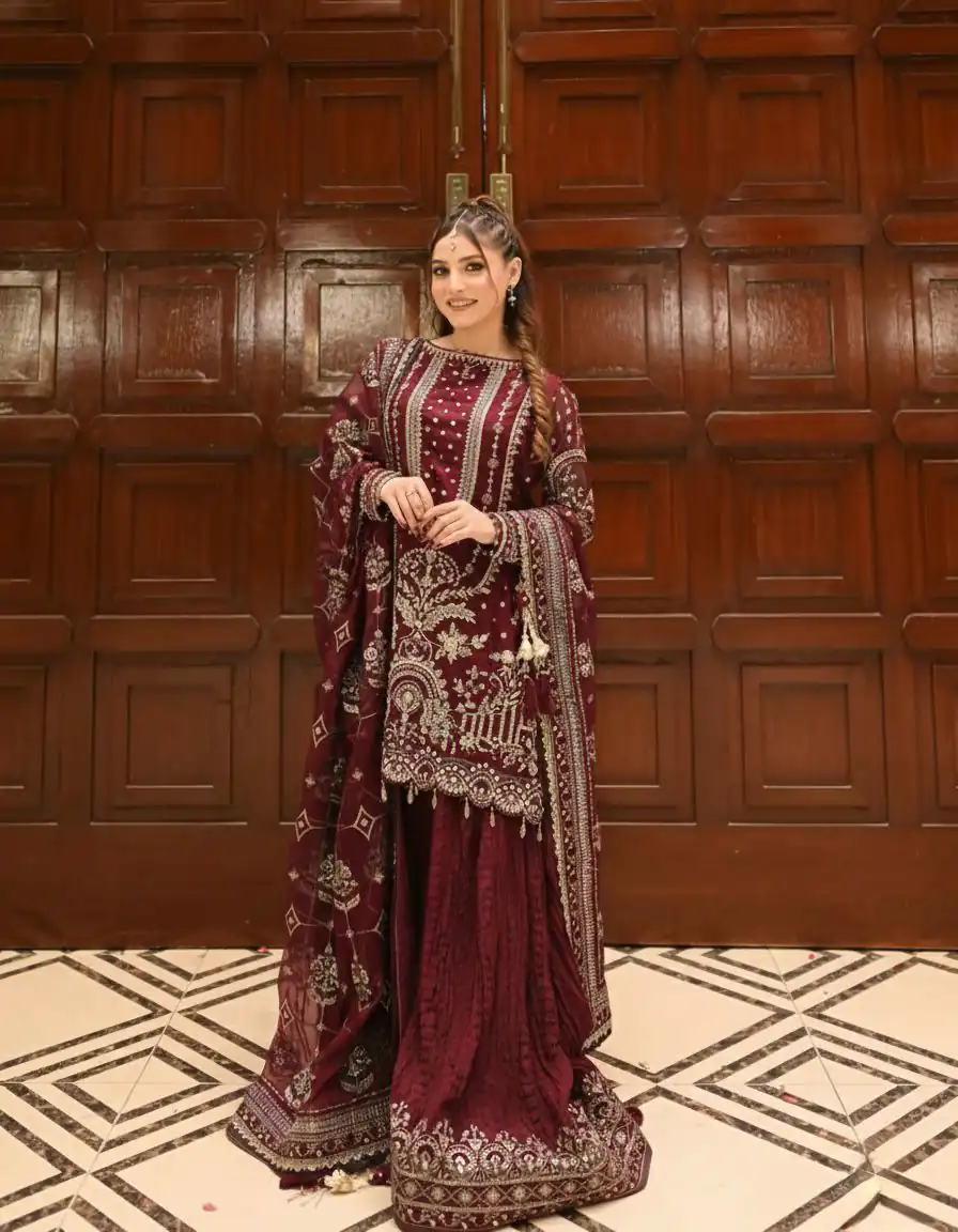 AD 213 Maroon Khajuri Crush Georgette Salwar Suit with Lace Work & Embroidery Work. Festive Deal ₹2649. Delivery 4-6 Working Days. Shop now. | Jump Suits, Straight Suits, Tops & Bottoms, Track Suits, Trendy Wear, Casual Suits, Creative suits, Designer Suits, Palazzo Suits, Party Wear Suits, Patiala Suits, Salwar suit