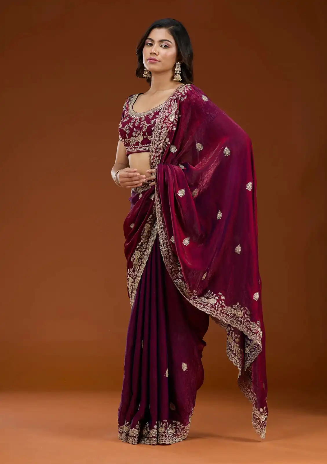 E BT 438 Maroon in Fandy Satin Silk mbroidery Work & Zari Work Saree. Special Price ₹1949. Delivery 4-6 Working Days. Shop now. | Bollywood Sarees, Creative Sarees, Designer Sarees, Embroidered Sarees, Ethnic Saree, Modern Digital sarees, Party Wear Sarees, Sarees