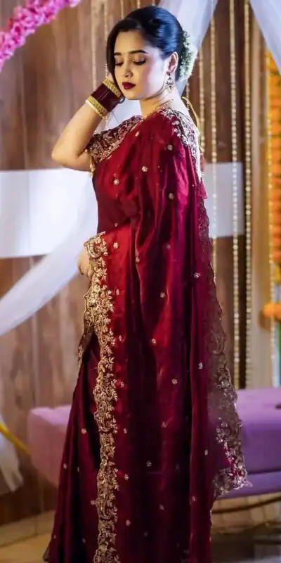 BT 3151 Maroon Fandy Satin Silk Saree with Sequins Work & Embroidery Work. Get it for ₹1949. Delivery 4-6 Working Days. Shop now. | Bollywood Sarees, Creative Sarees, Designer Sarees, Embroidered Sarees, Ethnic Saree, Modern Digital sarees, Party Wear Sarees, Sarees
