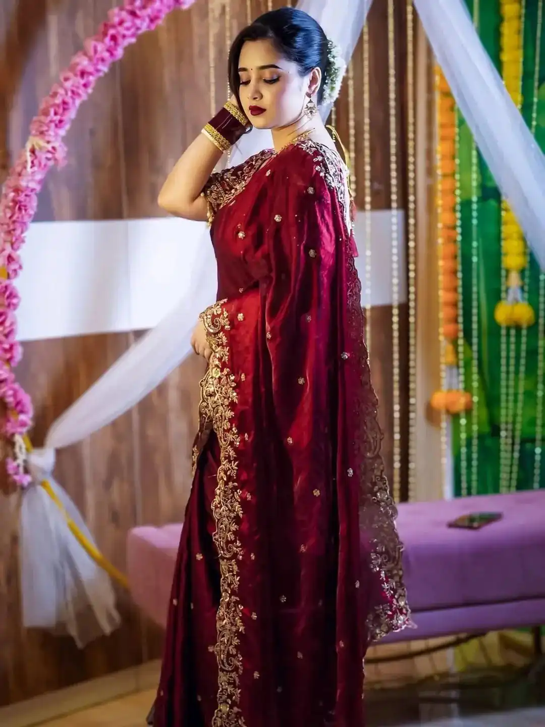 BT 3151 Maroon Fandy Satin Silk Saree with Sequins Work & Embroidery Work. Get it for ₹1949. Delivery 4-6 Working Days. Shop now. | Bollywood Sarees, Creative Sarees, Designer Sarees, Embroidered Sarees, Ethnic Saree, Modern Digital sarees, Party Wear Sarees, Sarees