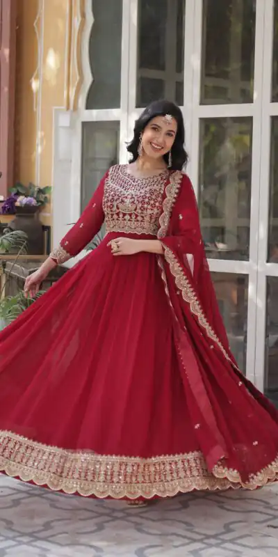 KA 1137 Maroon Faux Blooming Gown with Embroidery Work & Zari Work. Best Price ₹2599. Delivery 4-6 Working Days. Shop now. | Bollywood Gowns, Creative Gowns, Designer Gowns, Embroidered Gowns, Gowns, Party Wear Gowns